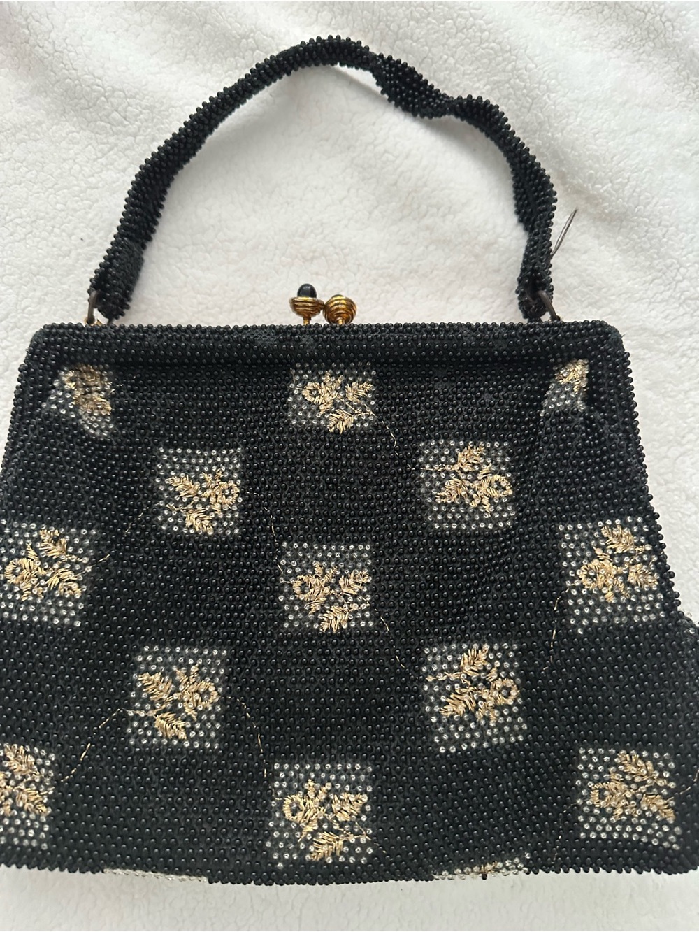 Vintage Black Beaded Clutch with Gold Floral Accents